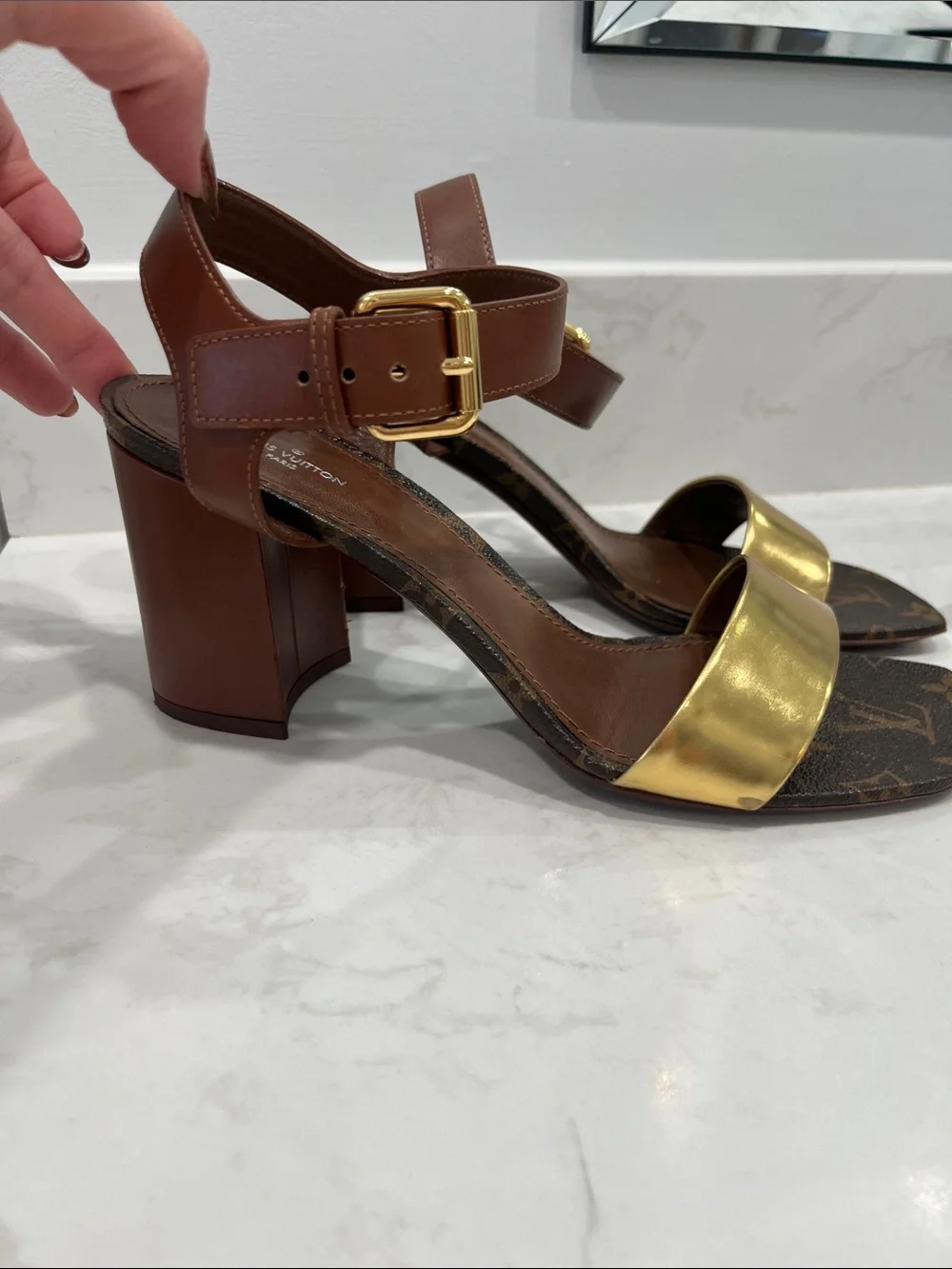 Louis Vuitton Brown & Gold Monogram Block Heel Sandals